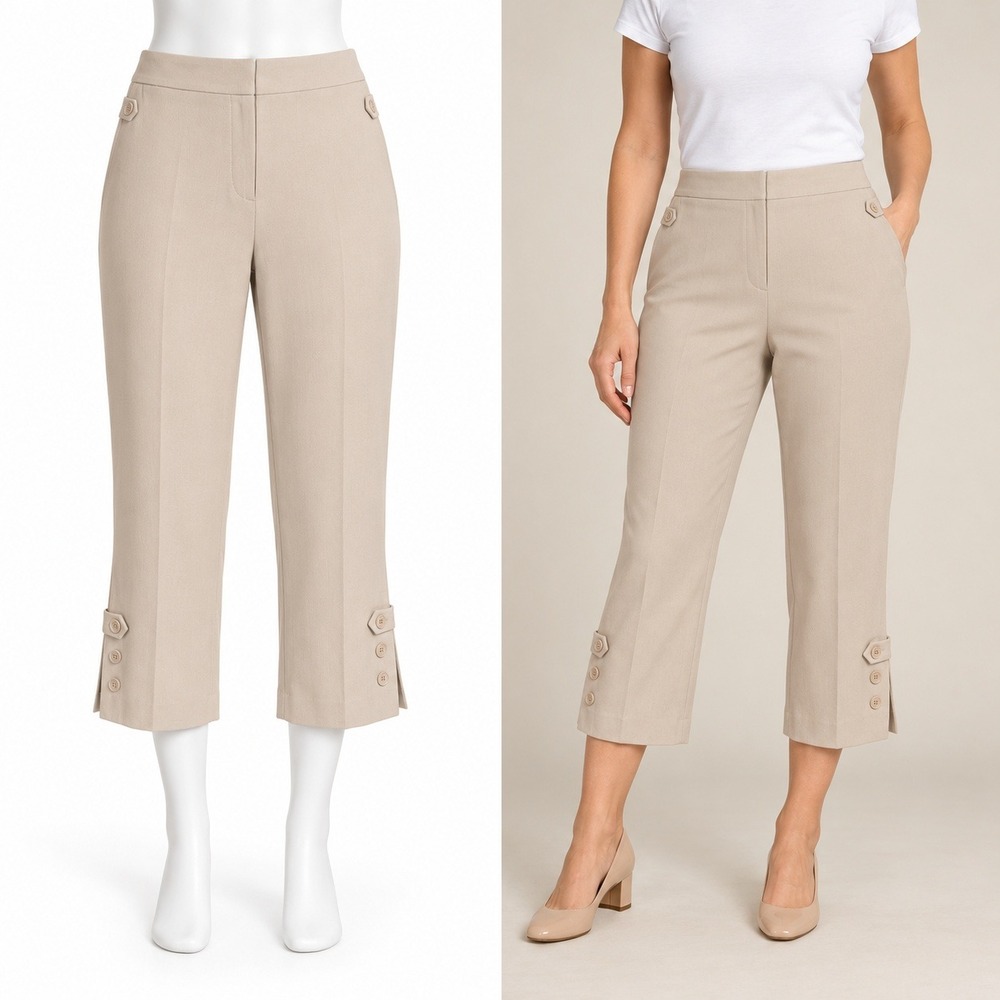 Susan‎ Graver Crop Pants Women Small Tan Beige Button Hem Elastic Waist Trousers